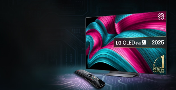 lg oled evo 2025 tv on a dark background with 2 awards 