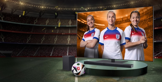 lg oled tv on a pedestal with 3 female football players as a screenfill with promo message to buy a tv and receive a free soundbar worth up to ￡999