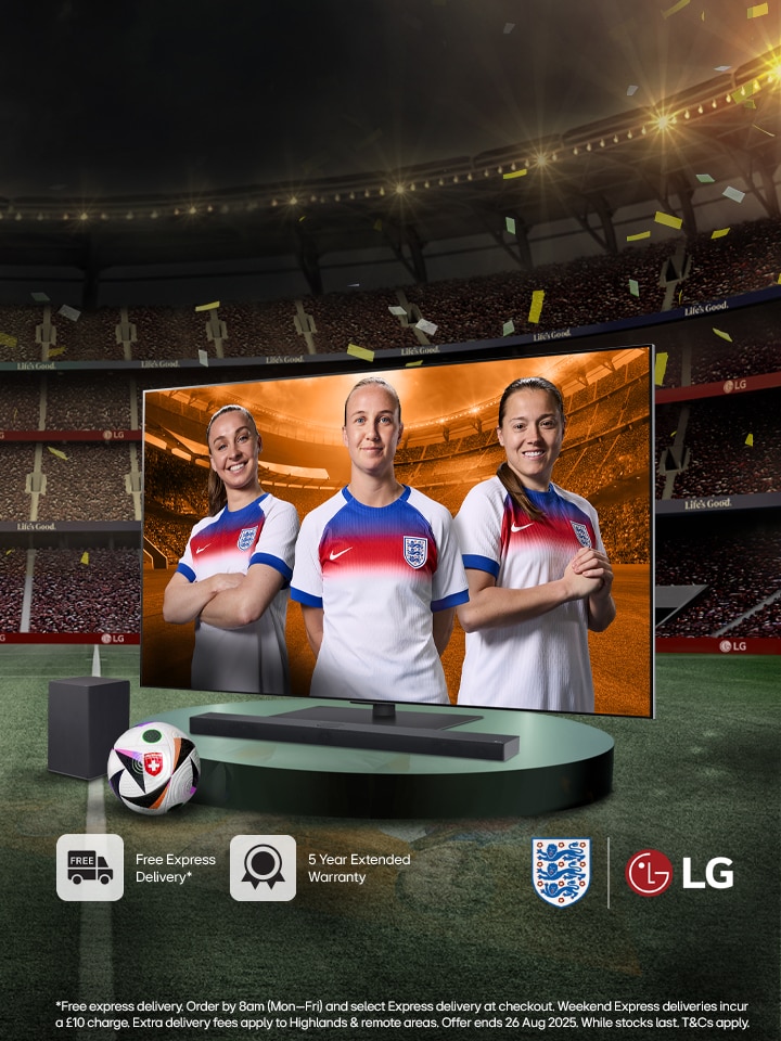 lg oled tv on a pedestal with 3 female football players as a screenfill with promo message to buy a tv and receive a free soundbar worth up to ￡999