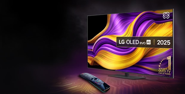 lg oled g5 tv with an lg magic remote underneath it and cashback promotion copy to the left