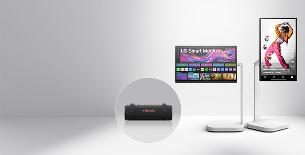 lg swing monitor and grab speaker on a light grey background showcasing its features