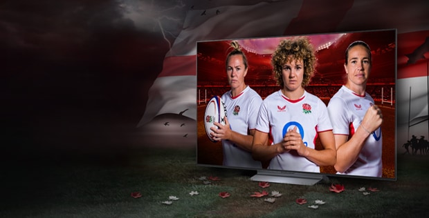 lg oled tv on a pedestal with 3 female rugby players as a screenfill with promo message to buy a tv and receive a free soundbar worth up to ￡999