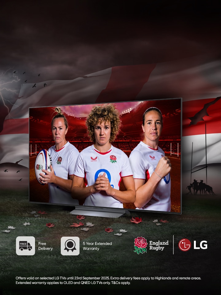 lg oled tv with 3 female england rugby players over a dark background