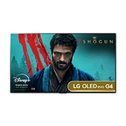 Front view with LG OLED TV, OLED G4, 11 Years of world number 1 OLED Emblem and webOS Re:New Program logo on screen with 2-pole stand