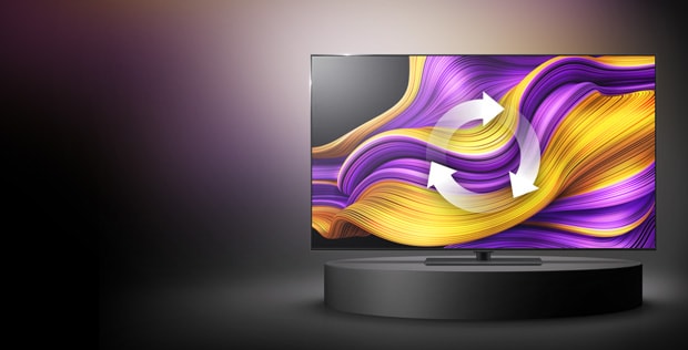 lg oled tv with trade-up logo and promo message on the left 