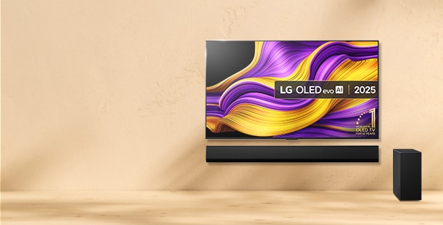 lg oled tv with a lg soundbar underneath and promo message to the left to save up to 60% off soundbars