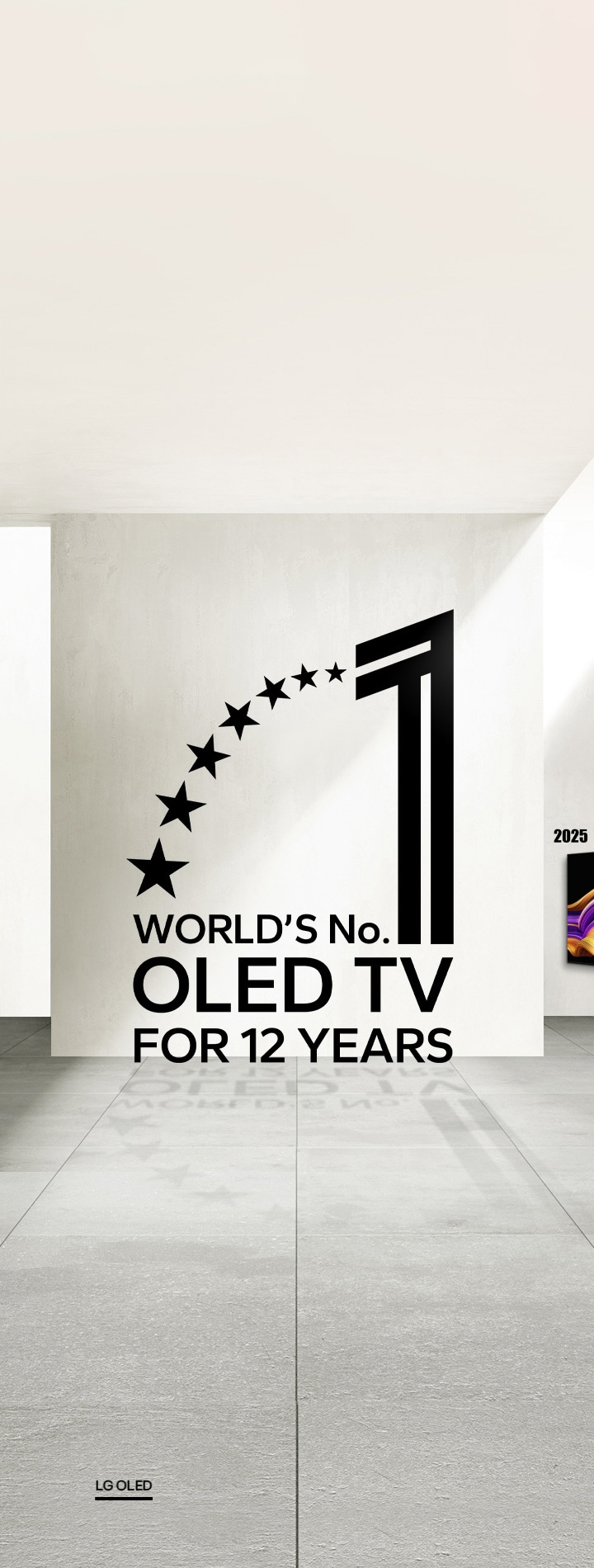 World's number 1 OLED TV for 12 years emblem is shown. Then each of the LG OLED innovations from 2013 to the present are shown with the awards each TV won. It cycles from LG's latest OLED evo G5, world's first transparent OLED, world's first rollable OLED, world's first wallpaper OLED, and the world's first 55-inch OLED TV.