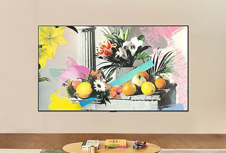 In a bright, well-lit room, the LG TV's screen shows an equally bright artwork showcasing how screen brightness is optimized for viewing in any light.	