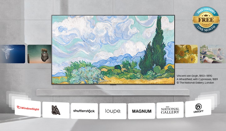 Wall-mounted LG TV with a variety of content cycling through the screen from classic art, modern art, 3D, and more. Logos of content partners also shown. Free badge in the corner says free contents, one month.	