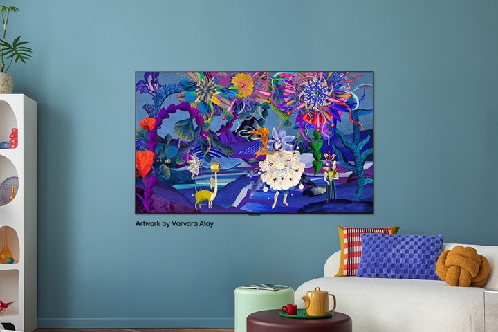 Interior of a stylish and colourful home. An LG TV is mounted on the wall. On its screen is a colorful modern artwork. The illustration on the TV adds personality to the overall interior design of the space.	