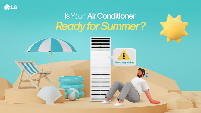 Men sitting next to LG air conditioner and it needs inspection.	