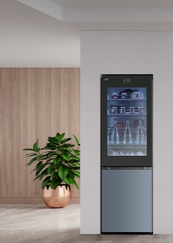 An image of a blue refrigerator on a white-toned interior.