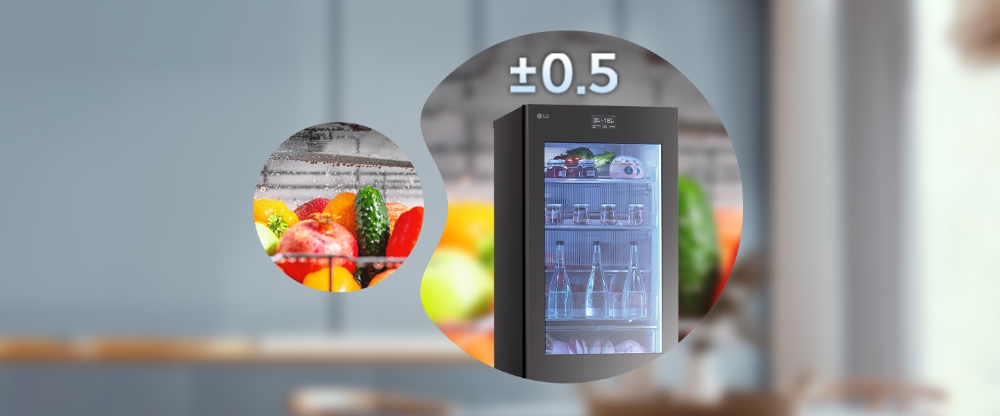 Images of the top of the refrigerator and fresh vegetables.