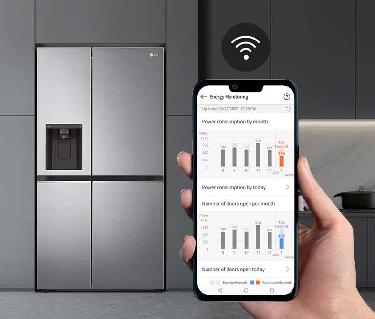 Silver LG fridge in a modern kitchen, with a smartphone displaying energy consumption data and a wifi symbol above.