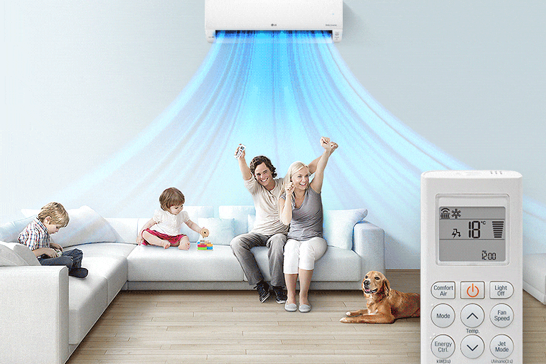 Family on a sofa enjoying cool air from an LG air conditioner, with blue airflow and a remote control, and a dog nearby.