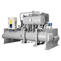 LG Chiller, equipped with a control panel and several gray cylindrical pipes, is displayed.	
