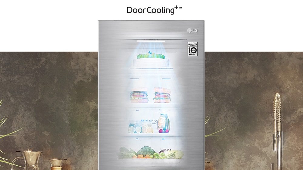 Open LG refrigerator with DoorCooling+ technology, filled with various foods, in a modern kitchen.