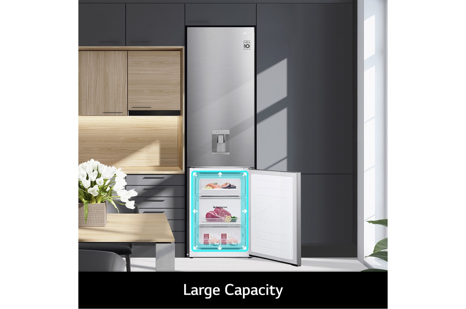 LG 383L Tall Fridge Freezer Water Dispenser, Shiny Steel, GBF62PZJMN