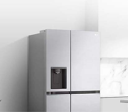 A side view of a kitchen with a black InstaView refrigerator installed.