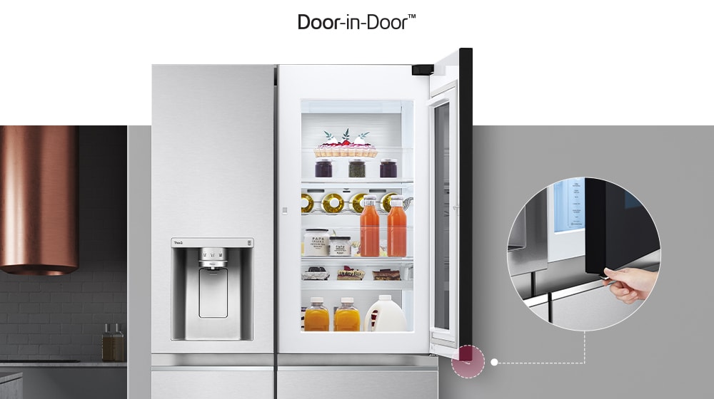 LG Door-in-Door refrigerator showing interior with drinks, snacks, and user pressing button to access compartment.