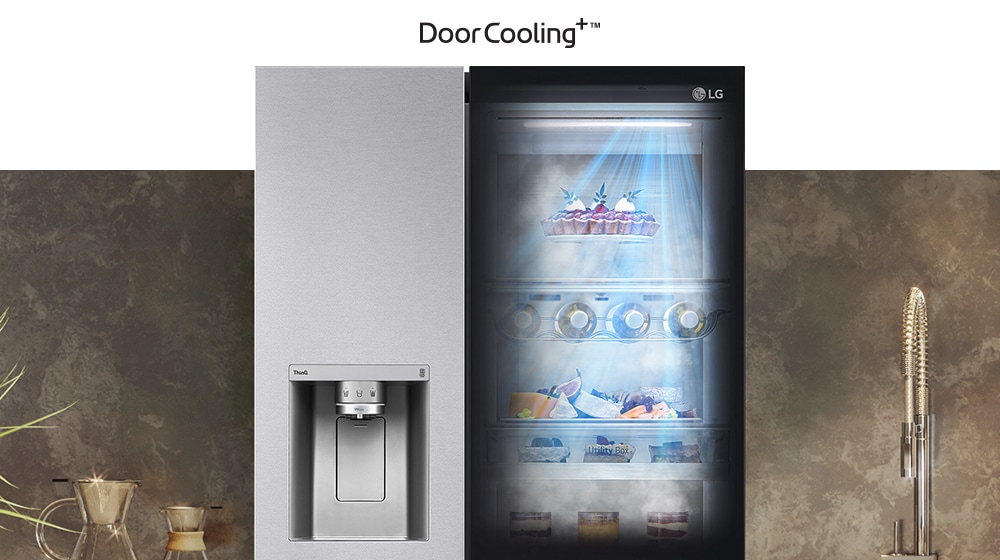 LG fridge with DoorCooling+ technology, showcasing illuminated shelves with fresh food inside.