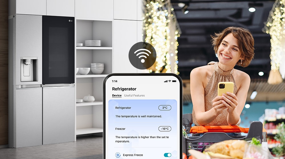 LG smart refrigerator connected to smartphone, woman shopping with cart, and app displaying temperature settings.