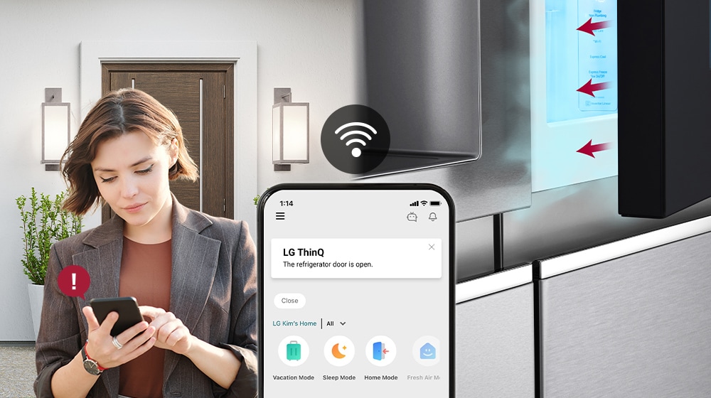 LG ThinQ app alerts user on smartphone that refrigerator door is open, highlighting smart home connectivity features.