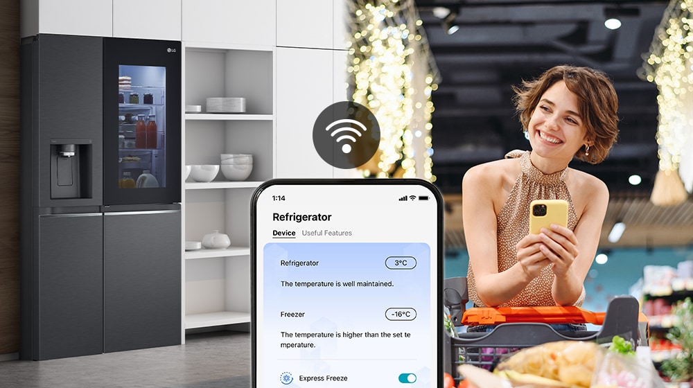 LG smart refrigerator in a modern kitchen, connected to a mobile app showing temperature settings, while a person shops.