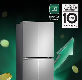 Refrigerator in front of rising arrows and piling coins	