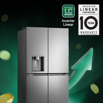 Refrigerator in front of rising arrows and piling coins