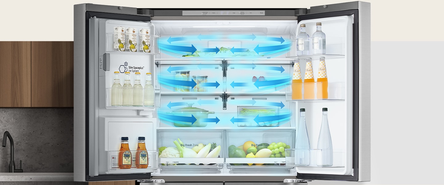 Inside the refrigerator filled with ingredients, blue arrows, which mean cold, are displayed below, on both sides, and on the whole.