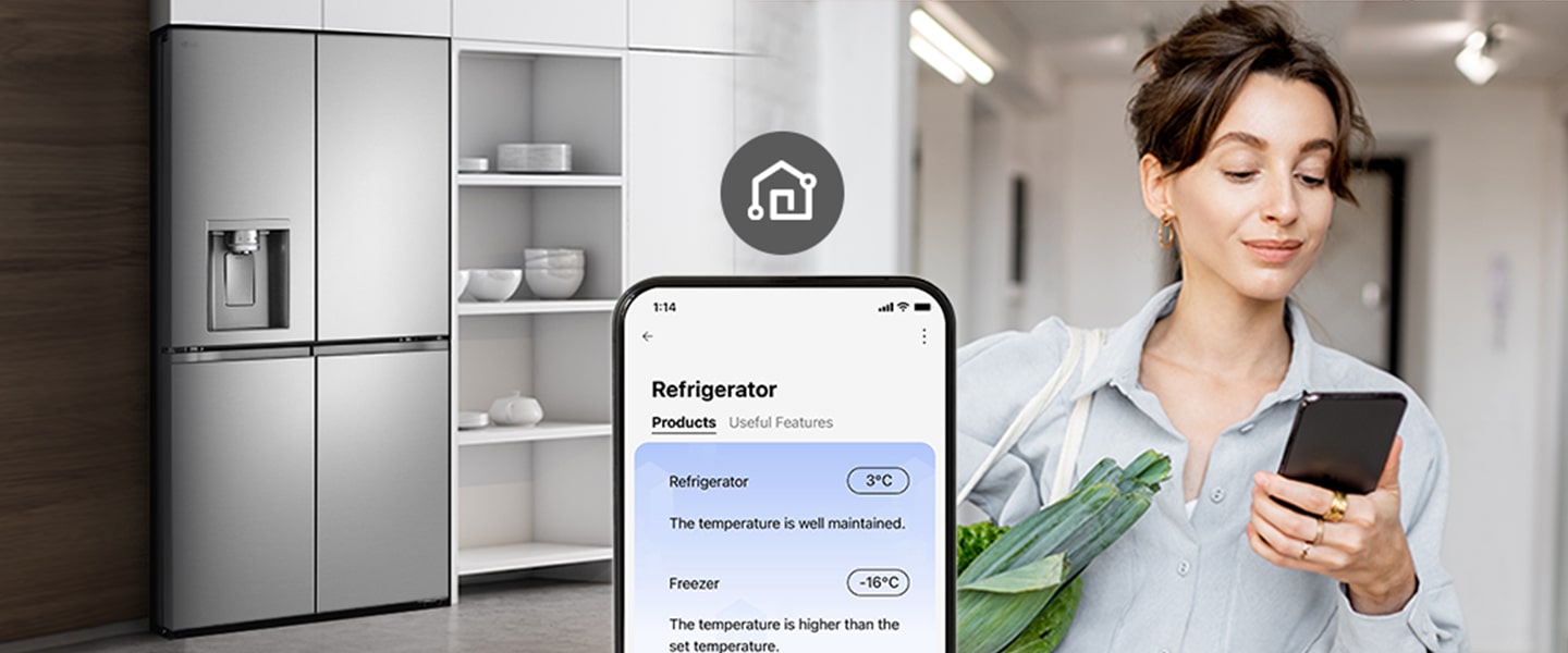 Image on the right shows a woman with a shopping basket looking at her cell phone. Image on the left shows the refrigerator front view. In the center of the images is an icon to show connectivity between the phone and refrigerator.