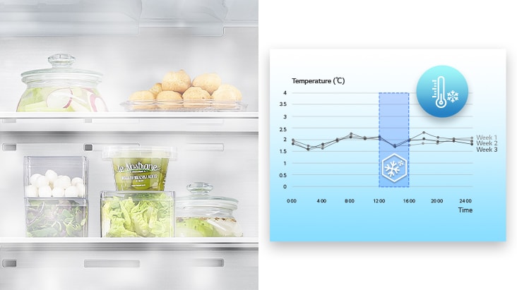 There is a temperature-controlled graph on the right side of the refrigerator where you can see the food