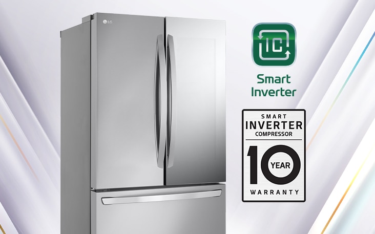 There is a refrigerator, a smart inverter, and a 10-year warranty logo in the grayish background