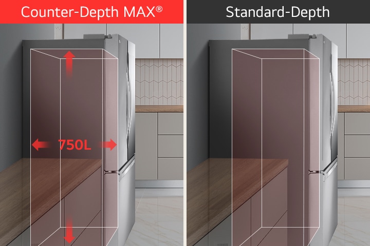 The width of the side of the refrigerator in the kitchen is 750 liters compared to two wider side refrigerators