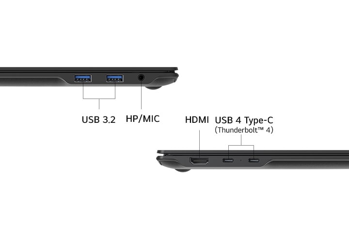A side view of a laptop showcasing its ports, including USB 3.2, headphone/microphone combo jack (HP/MIC), HDMI, and USB 4 Type-C (Thunderbolt? 4). The clean layout highlights versatile connectivity options.