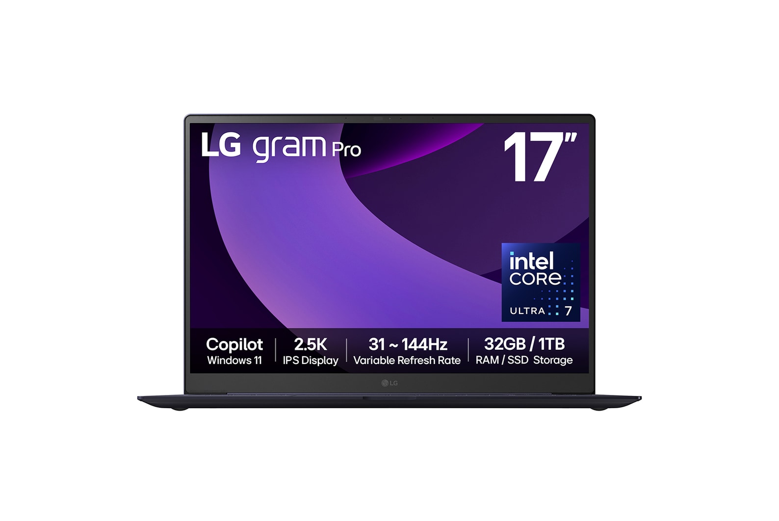 Front view of 17" LG gram Pro Laptop, 32GB RAM, Intel? Arrow Lake Processor, gram AI, Obsidian Black with purple swirl in screen