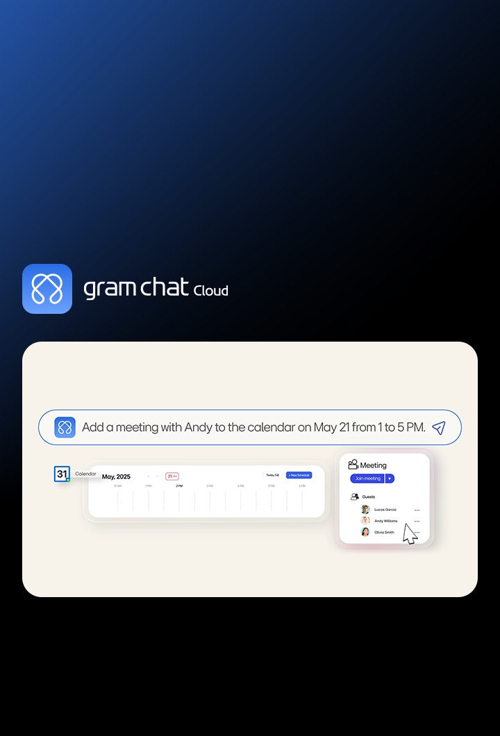 LG gram chat On-Device AI 'Time Travel' feature helping recover lost files by browsing past screens, with a progress bar and 'Found it!' notification.