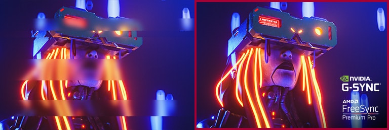 Left image simulates the case not applied NVIDIA? G-SYNC? and AMD FreeSync? Premium Pro. Right image simulates the scene with reduced screen tearing and stuttering by applying NVIDIA? G-SYNC? and AMD FreeSync? Premium Pro.