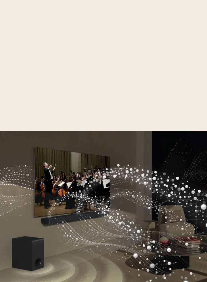 LG TV, LG Soundbar and a subwoofer are in a living room playing a musical performance. White droplets make waves of sound that shoot upwards and forward from the soundbar and project from the TV. A subwoofer is creating a sound effect from the bottom.
