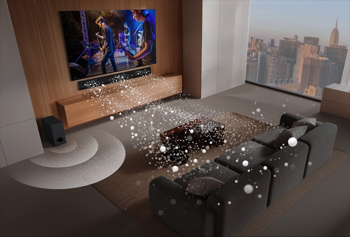 LG Soundbar, LG TV and a subwoofer are in a living room of a skyscraper, playing a musical performance. Three branches of white soundwaves made up of droplets project from the soundbar and a subwoofer is creating a sound effect from the bottom. Dolby Atmos logo DTS X logo