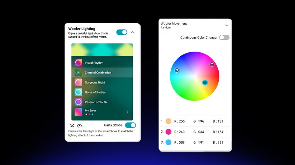 Immagine dell'app XBOOM. Puoi personalizzare le luci usando l'app.