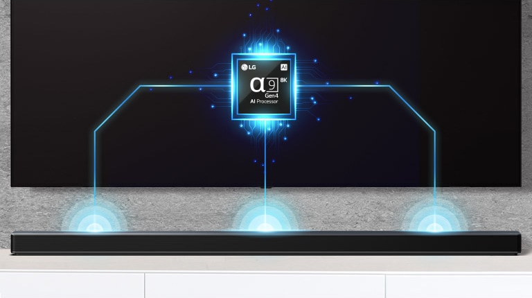 There is an alpha nine chip image on TV and there is a soundbar right below. There are also soundwave effect coming out from soundbar.