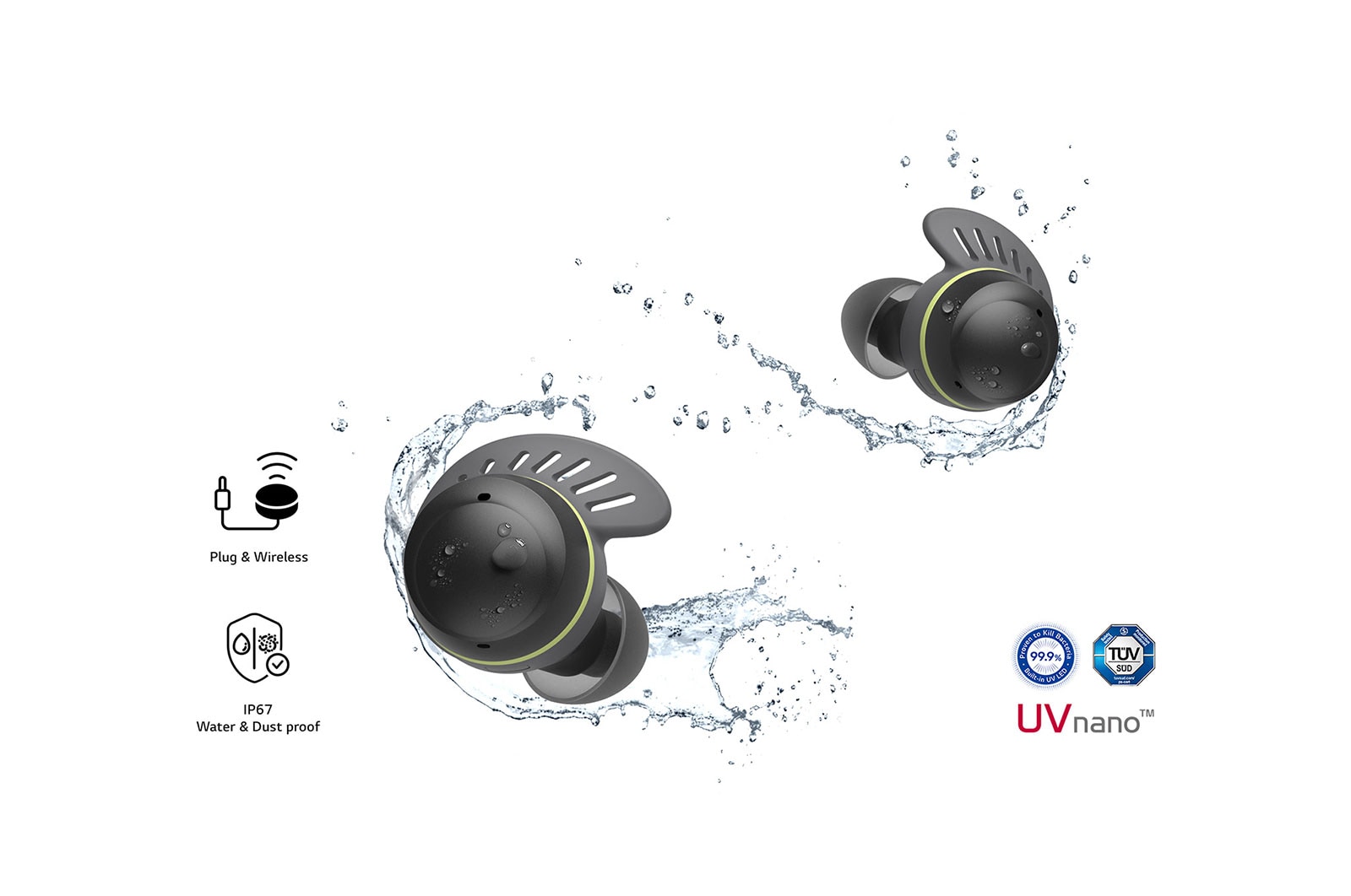 TONE Free fit earbuds being splashed by water and droplets.