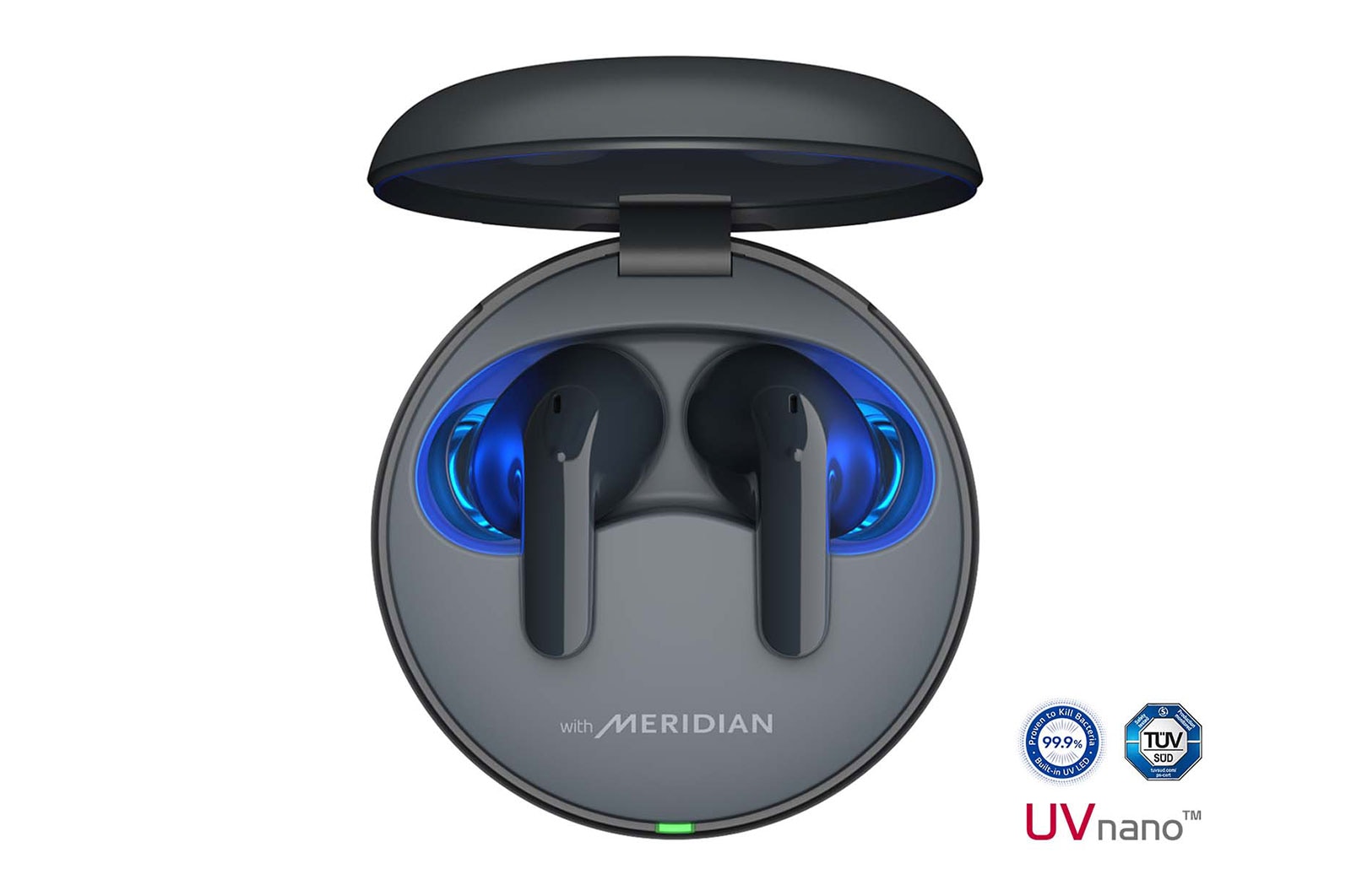 The lid of the cradle is open, showing light coming out through the earbuds inside. The UVnano logo is visible from above.