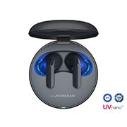 The lid of the cradle is open, showing light coming out through the earbuds inside. The UVnano logo is visible from above.