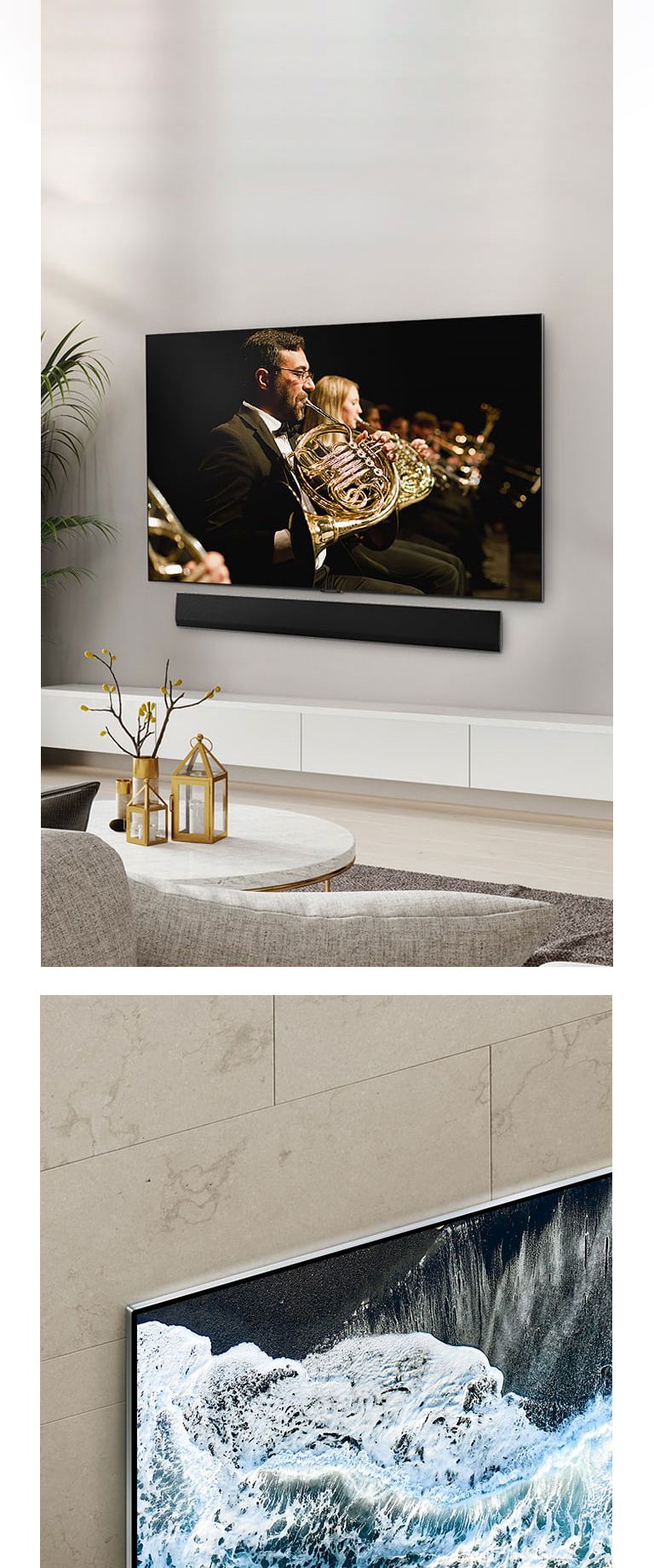 The LG OLED G4 displays an abstract artwork while the LG Soundbar sits flat against the wall in a modern living space without any gap, showcasing its one-wall design. 