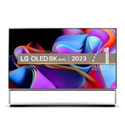 Front view with LG OLED 8K evo, 10 Years World No.1 OLED Emblem, and 5-Year Panel Warranty logo on screen.