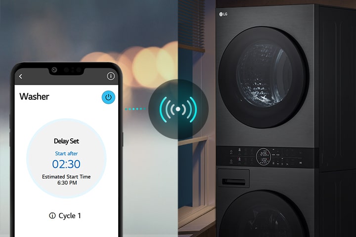 Smartphone controlling LG smart washer with delay start set to 2:30, in a cosy dimly lit laundry room.