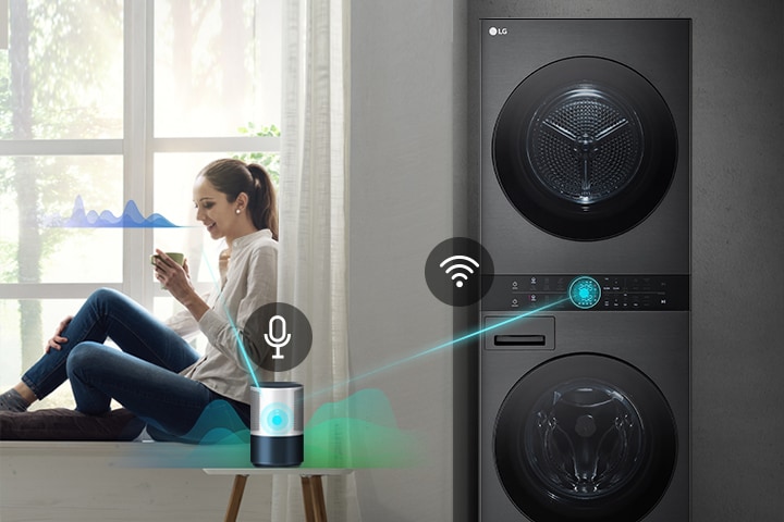 Modern LG washer-dryer stack with smart control features, showing connectivity icons, near a window-lit room.